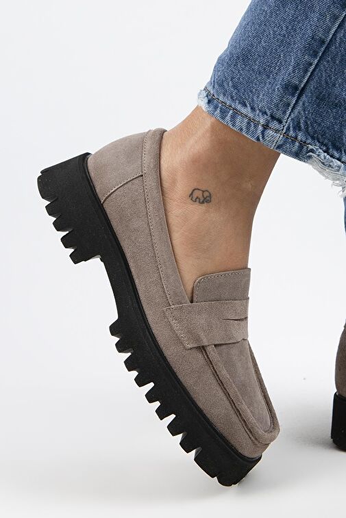 Manijero Cepmen Kadın Hakiki Deri Köşeli Loafer Vizon Süet Ayakkabı - Görsel 8