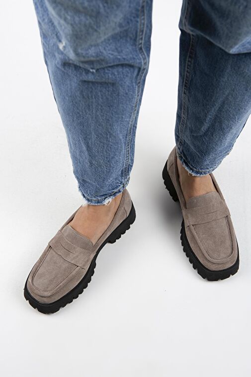 Manijero Cepmen Kadın Hakiki Deri Köşeli Loafer Vizon Süet Ayakkabı - Görsel 9