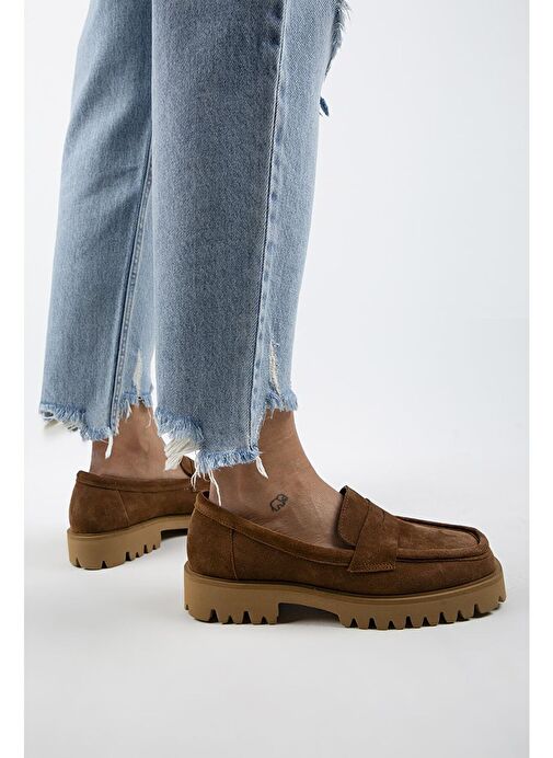 Manijero Cepmen Kadın Hakiki Deri Köşeli Loafer Taba Süet Ayakkabı - Görsel 2