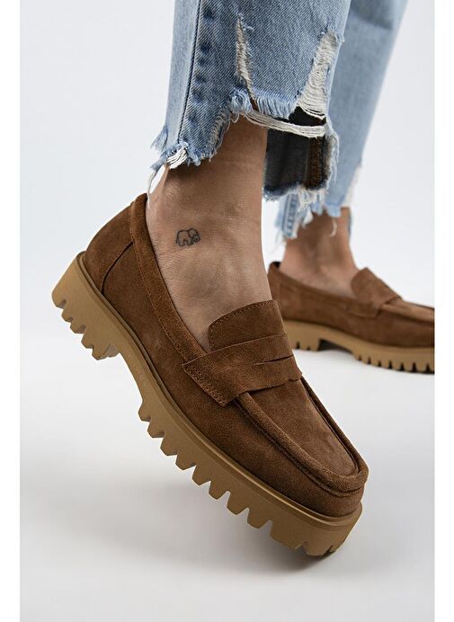 Manijero Cepmen Kadın Hakiki Deri Köşeli Loafer Taba Süet Ayakkabı - Görsel 4