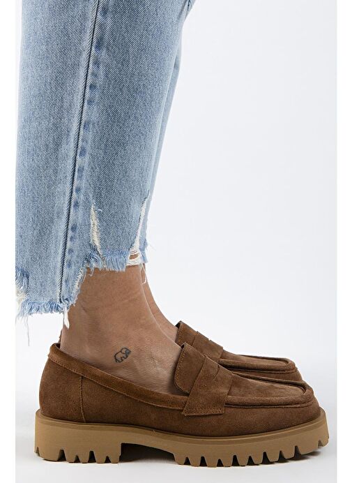 Manijero Cepmen Kadın Hakiki Deri Köşeli Loafer Taba Süet Ayakkabı - Görsel 5