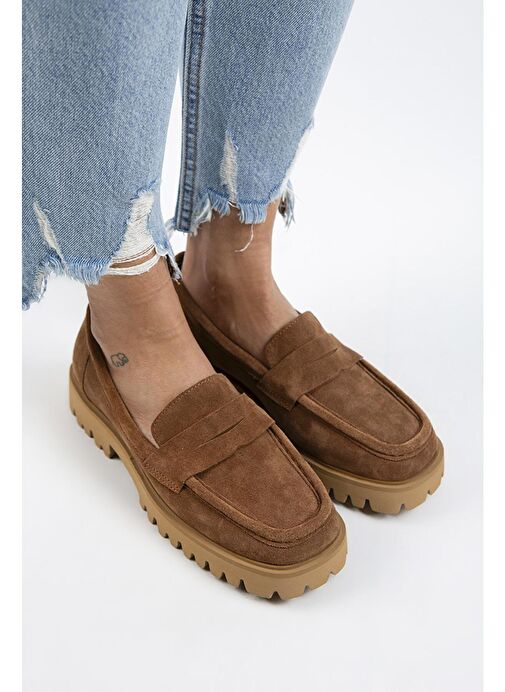 Manijero Cepmen Kadın Hakiki Deri Köşeli Loafer Taba Süet Ayakkabı - Görsel 6