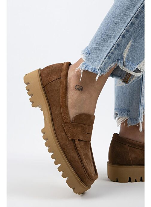 Manijero Cepmen Kadın Hakiki Deri Köşeli Loafer Taba Süet Ayakkabı - Görsel 7