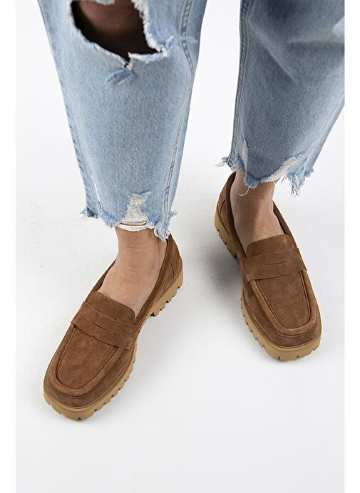 Manijero Cepmen Kadın Hakiki Deri Köşeli Loafer Taba Süet Ayakkabı - Görsel 8