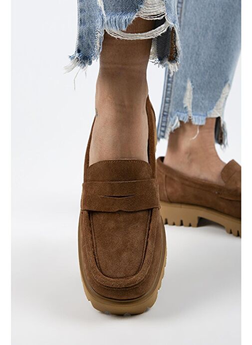 Manijero Cepmen Kadın Hakiki Deri Köşeli Loafer Taba Süet Ayakkabı - Görsel 9