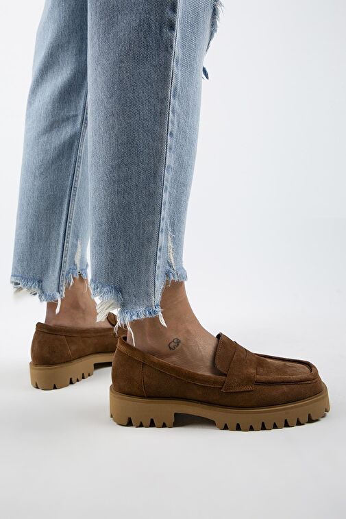 Manijero Cepmen Kadın Hakiki Deri Köşeli Loafer Taba Süet Ayakkabı - Görsel 3