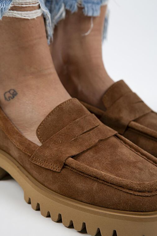 Manijero Cepmen Kadın Hakiki Deri Köşeli Loafer Taba Süet Ayakkabı - Görsel 4