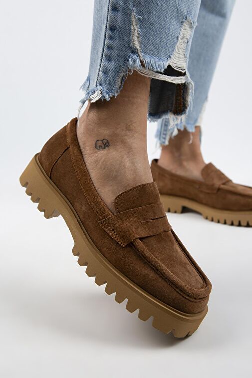 Manijero Cepmen Kadın Hakiki Deri Köşeli Loafer Taba Süet Ayakkabı - Görsel 5