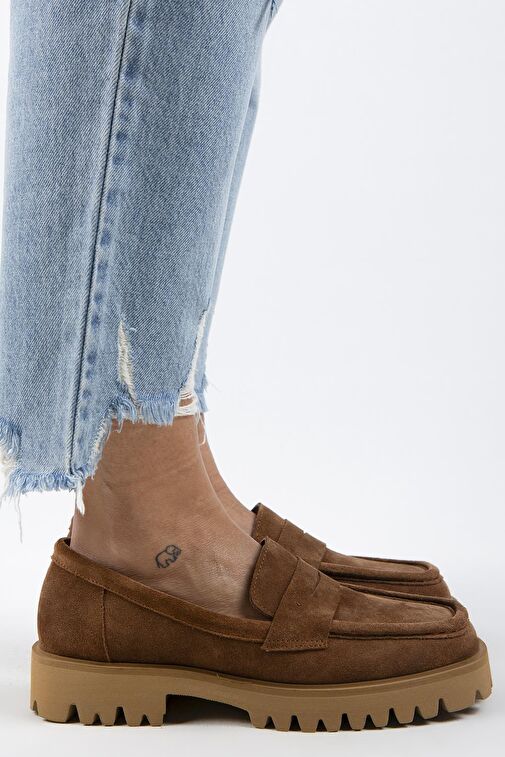 Manijero Cepmen Kadın Hakiki Deri Köşeli Loafer Taba Süet Ayakkabı - Görsel 2