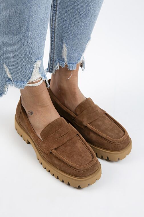 Manijero Cepmen Kadın Hakiki Deri Köşeli Loafer Taba Süet Ayakkabı - Görsel 6