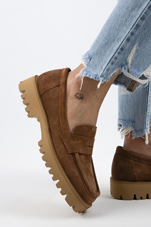 Manijero Cepmen Kadın Hakiki Deri Köşeli Loafer Taba Süet Ayakkabı - Görsel 7