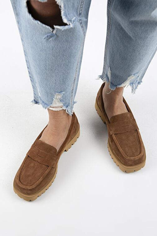 Manijero Cepmen Kadın Hakiki Deri Köşeli Loafer Taba Süet Ayakkabı - Görsel 8