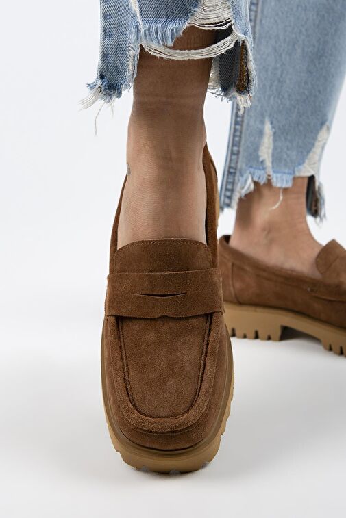 Manijero Cepmen Kadın Hakiki Deri Köşeli Loafer Taba Süet Ayakkabı - Görsel 9