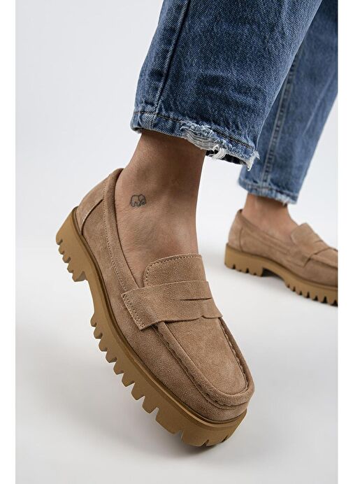 Manijero Cepmen Kadın Hakiki Deri Köşeli Loafer Kum Süet Ayakkabı - Görsel 2