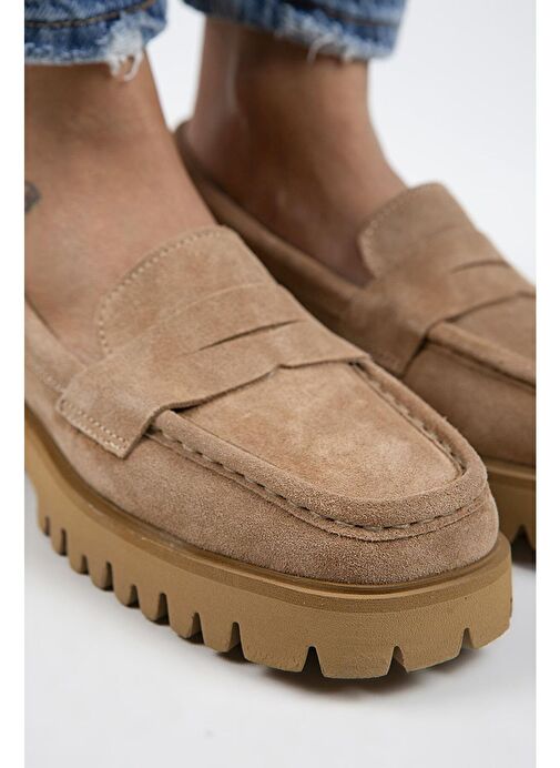 Manijero Cepmen Kadın Hakiki Deri Köşeli Loafer Kum Süet Ayakkabı - Görsel 4