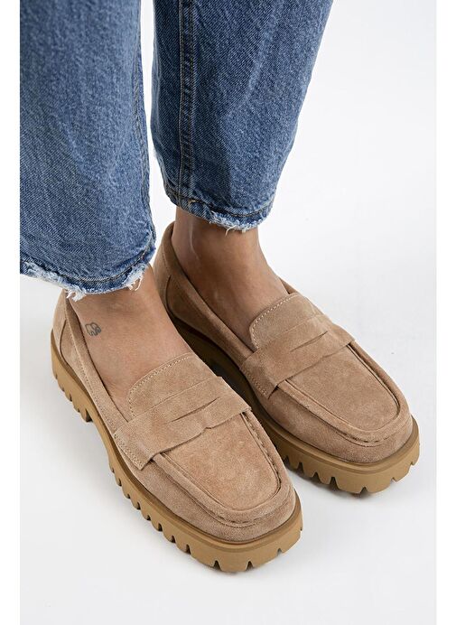 Manijero Cepmen Kadın Hakiki Deri Köşeli Loafer Kum Süet Ayakkabı - Görsel 5