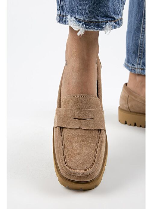 Manijero Cepmen Kadın Hakiki Deri Köşeli Loafer Kum Süet Ayakkabı - Görsel 6