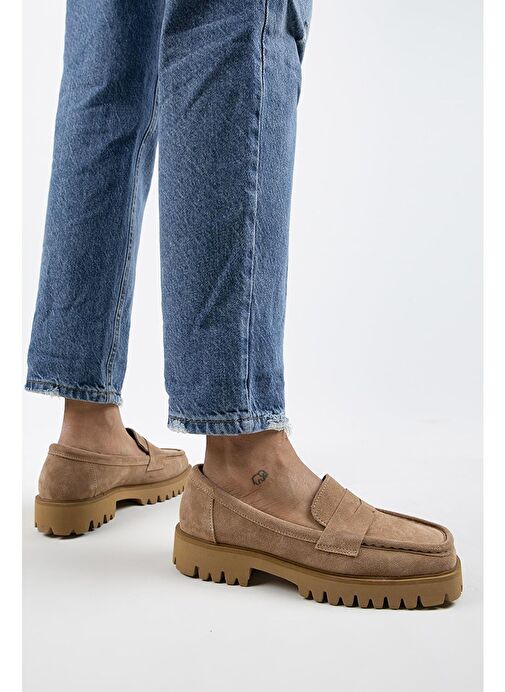 Manijero Cepmen Kadın Hakiki Deri Köşeli Loafer Kum Süet Ayakkabı - Görsel 7