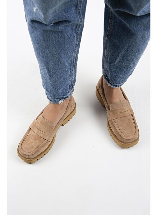 Manijero Cepmen Kadın Hakiki Deri Köşeli Loafer Kum Süet Ayakkabı - Görsel 8