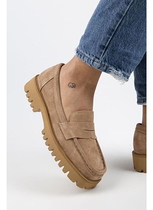 Manijero Cepmen Kadın Hakiki Deri Köşeli Loafer Kum Süet Ayakkabı - Görsel 9