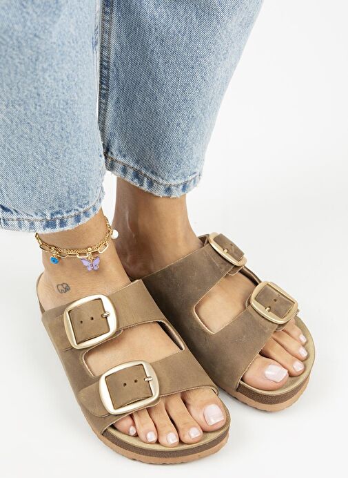 Manijero Vizon-Gold Kadın Deri Terlik MNJ.121.03 - Görsel 4