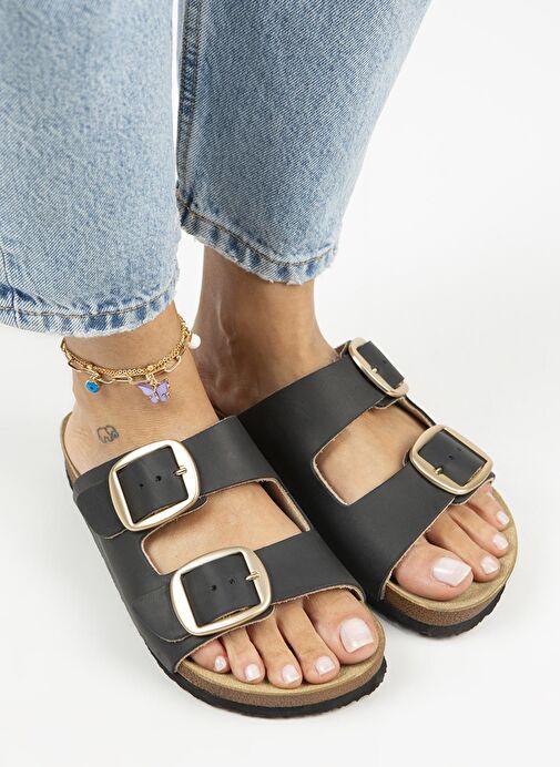 Manijero Siyah-Gold Kadın Deri Terlik MNJ.121.04 - Görsel 2