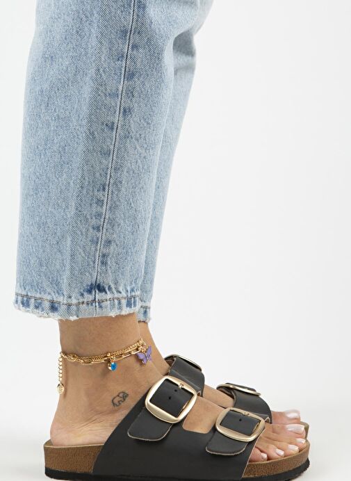 Manijero Siyah-Gold Kadın Deri Terlik MNJ.121.04 - Görsel 3