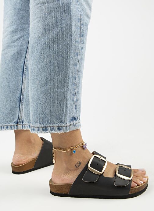 Manijero Siyah-Gold Kadın Deri Terlik MNJ.121.04 - Görsel 5