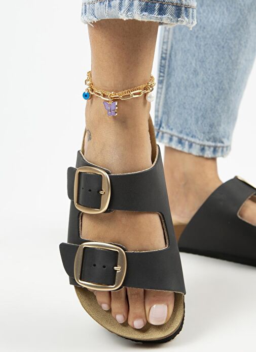 Manijero Siyah-Gold Kadın Deri Terlik MNJ.121.04 - Görsel 7