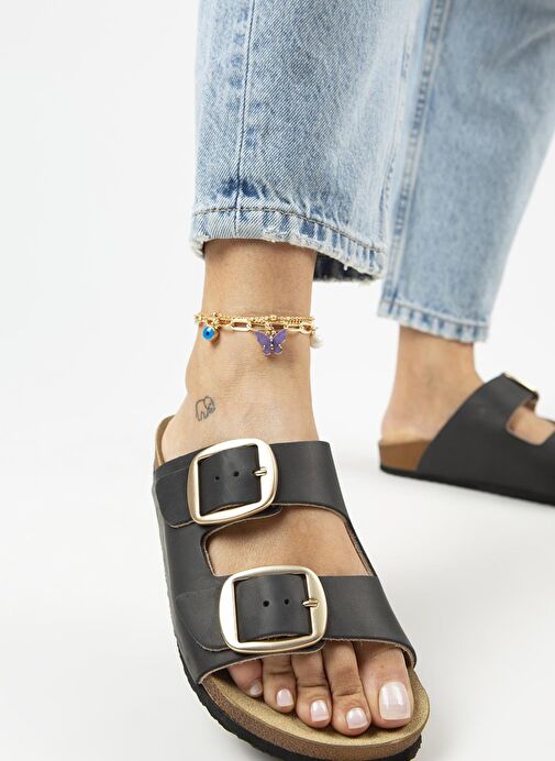 Manijero Siyah-Gold Kadın Deri Terlik MNJ.121.04 - Görsel 6