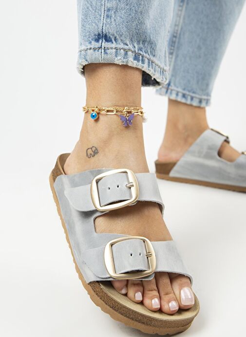 Manijero Gri-Gold Kadın Deri Terlik MNJ.121.05 - Görsel 6