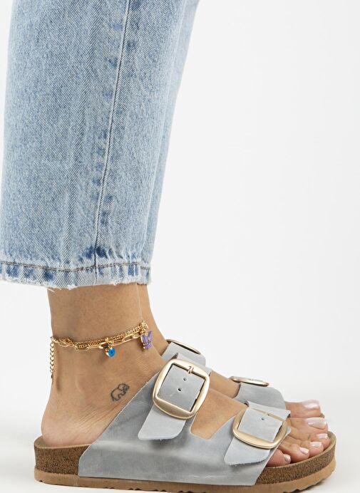 Manijero Gri-Gold Kadın Deri Terlik MNJ.121.05 - Görsel 3