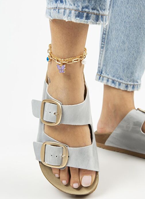 Manijero Gri-Gold Kadın Deri Terlik MNJ.121.05 - Görsel 2