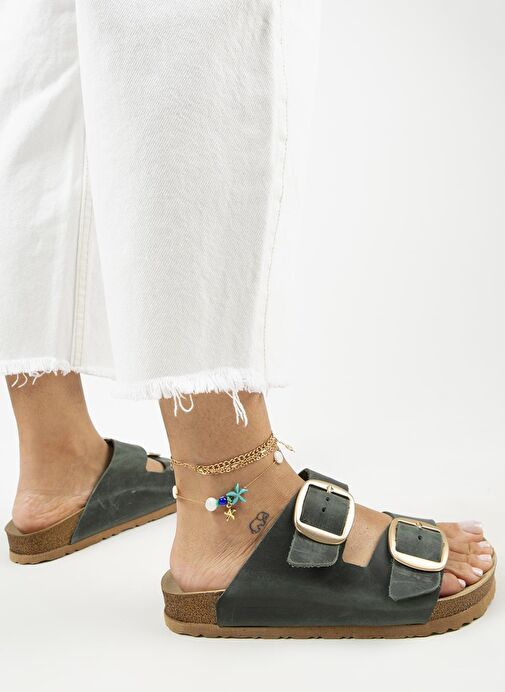 Manijero Yeşil-Gold Kadın Deri Terlik MNJ.121.09 - Görsel 7