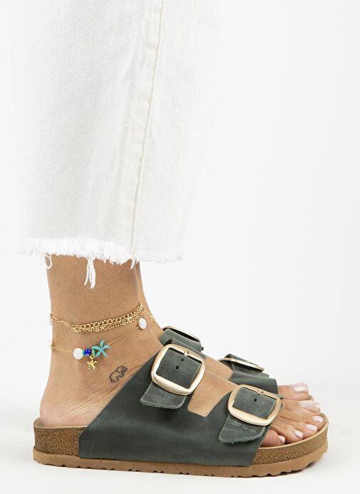 Manijero Yeşil-Gold Kadın Deri Terlik MNJ.121.09 - Görsel 2