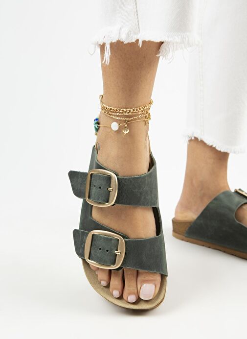 Manijero Yeşil-Gold Kadın Deri Terlik MNJ.121.09 - Görsel 6