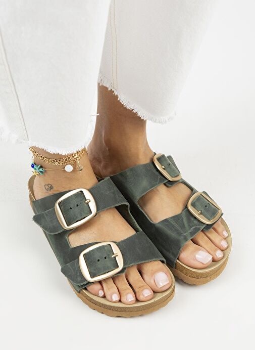 Manijero Yeşil-Gold Kadın Deri Terlik MNJ.121.09 - Görsel 3