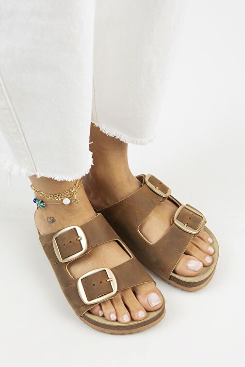 Manijero Kahverengi Kadın Deri Terlik MNJ.121.10 - Görsel 4