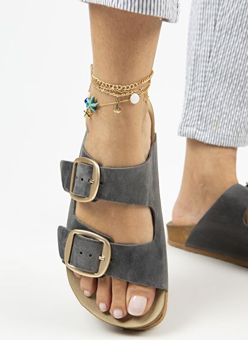 Manijero İrene Eskitme Kadın Deri Hakiki Deri Çift Tokalı Antrasit Gold Terlik - Görsel 6