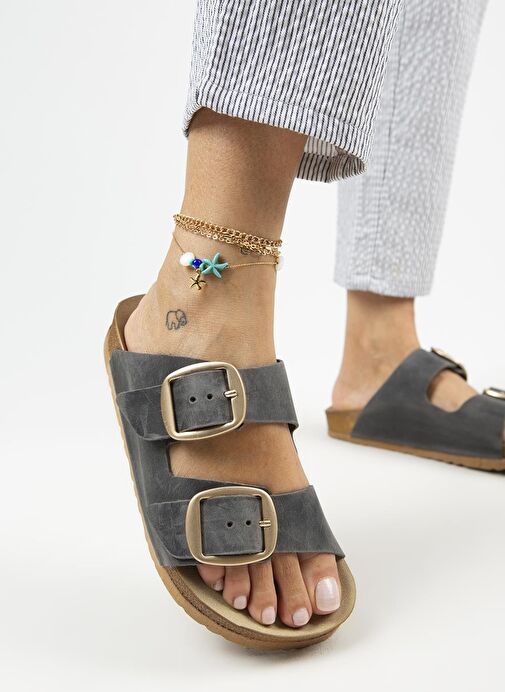 Manijero İrene Eskitme Kadın Deri Hakiki Deri Çift Tokalı Antrasit Gold Terlik - Görsel 5