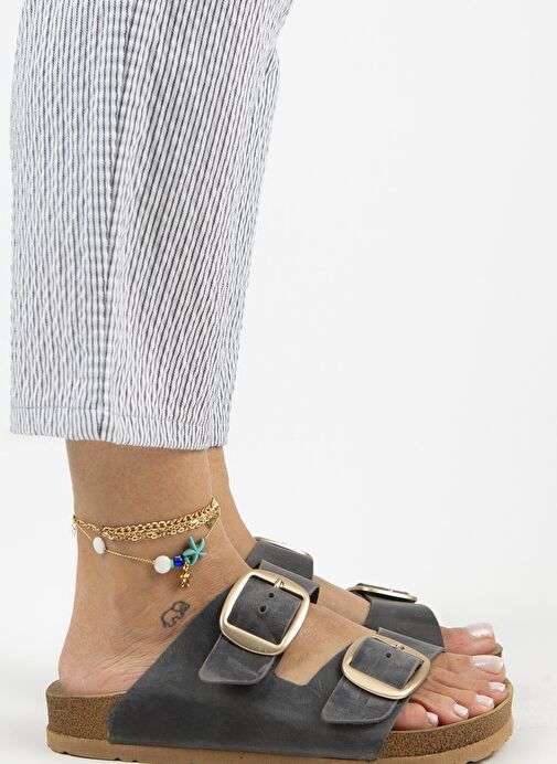 Manijero İrene Eskitme Kadın Deri Hakiki Deri Çift Tokalı Antrasit Gold Terlik - Görsel 2