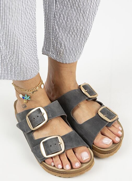 Manijero İrene Eskitme Kadın Deri Hakiki Deri Çift Tokalı Antrasit Gold Terlik - Görsel 3