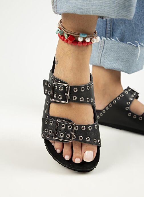 Manijero Siyah Kadın Deri Terlik MNJ.123.02 - Görsel 2