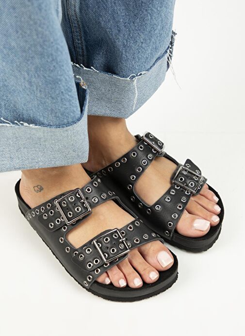 Manijero Siyah Kadın Deri Terlik MNJ.123.02 - Görsel 4