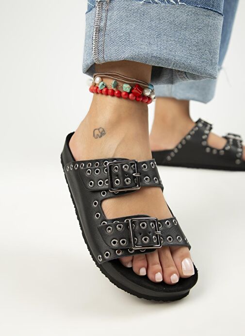 Manijero Siyah Kadın Deri Terlik MNJ.123.02 - Görsel 6