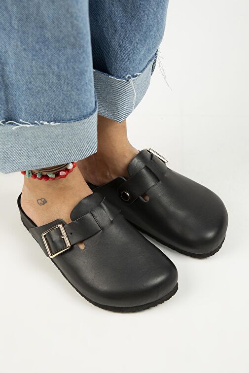 Manijero Siyah Kadın Deri Terlik MNJ.119.05 - Görsel 3