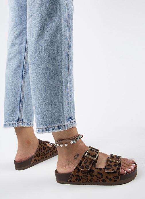 Manijero Anlelic Leopar Kadın Hakiki Deri Çift Tokalı Taba Terlik - Görsel 7