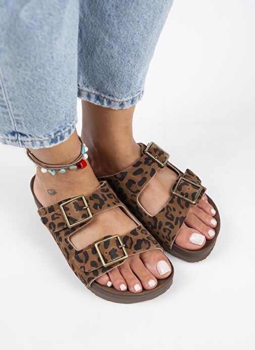 Manijero Anlelic Leopar Kadın Hakiki Deri Çift Tokalı Taba Terlik - Görsel 3