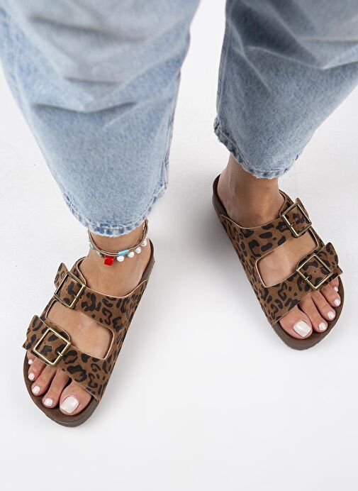 Manijero Anlelic Leopar Kadın Hakiki Deri Çift Tokalı Taba Terlik - Görsel 8