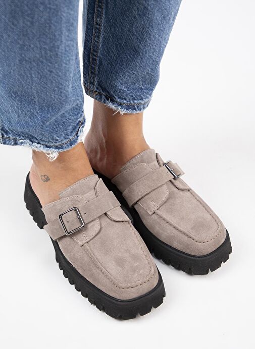 Manijero Kiem Kadın Köşeli Hakiki Deri Sabo Vizon Terlik - Görsel 4